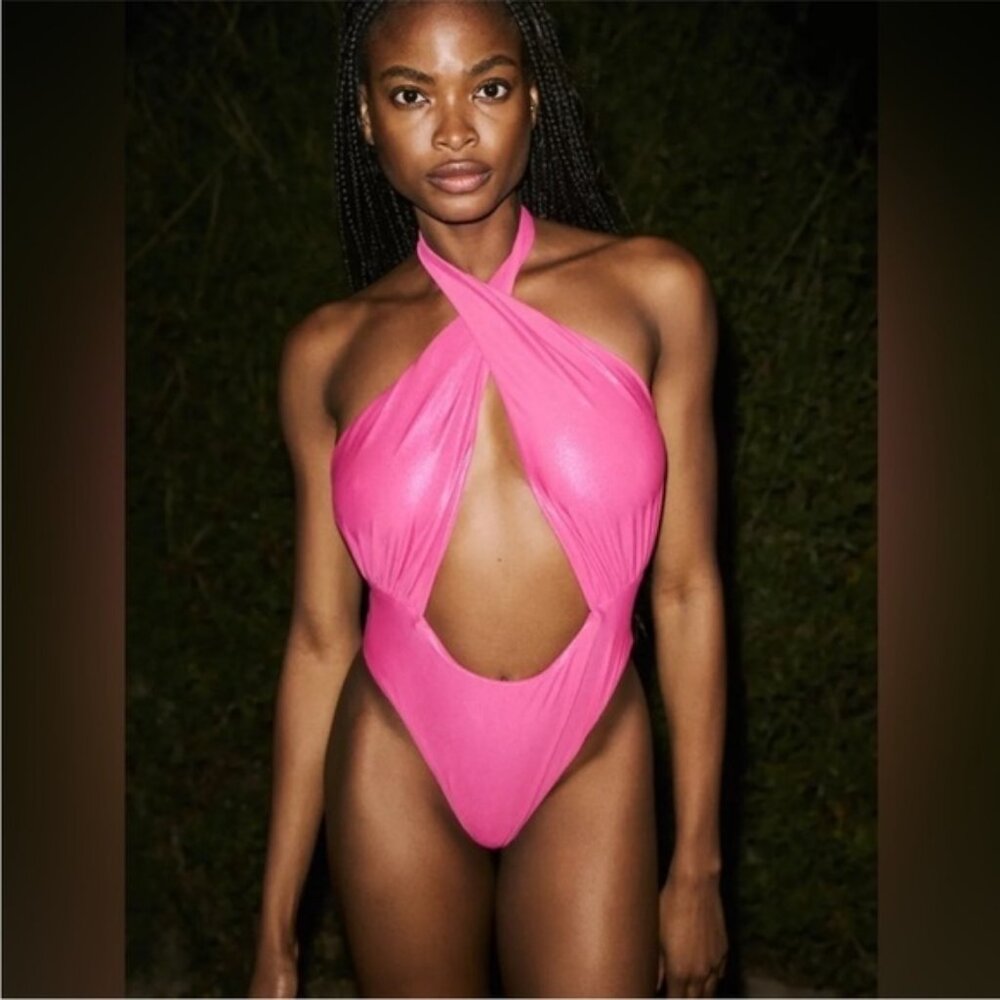 Urban Outfitters | Out From Under Marina Halter One Piece Swimsuit Metallic Pink